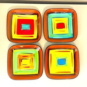 Gail Pittman Designed 4 Square Appetizer/Dessert Plates Artsy Vibrant Colorfull